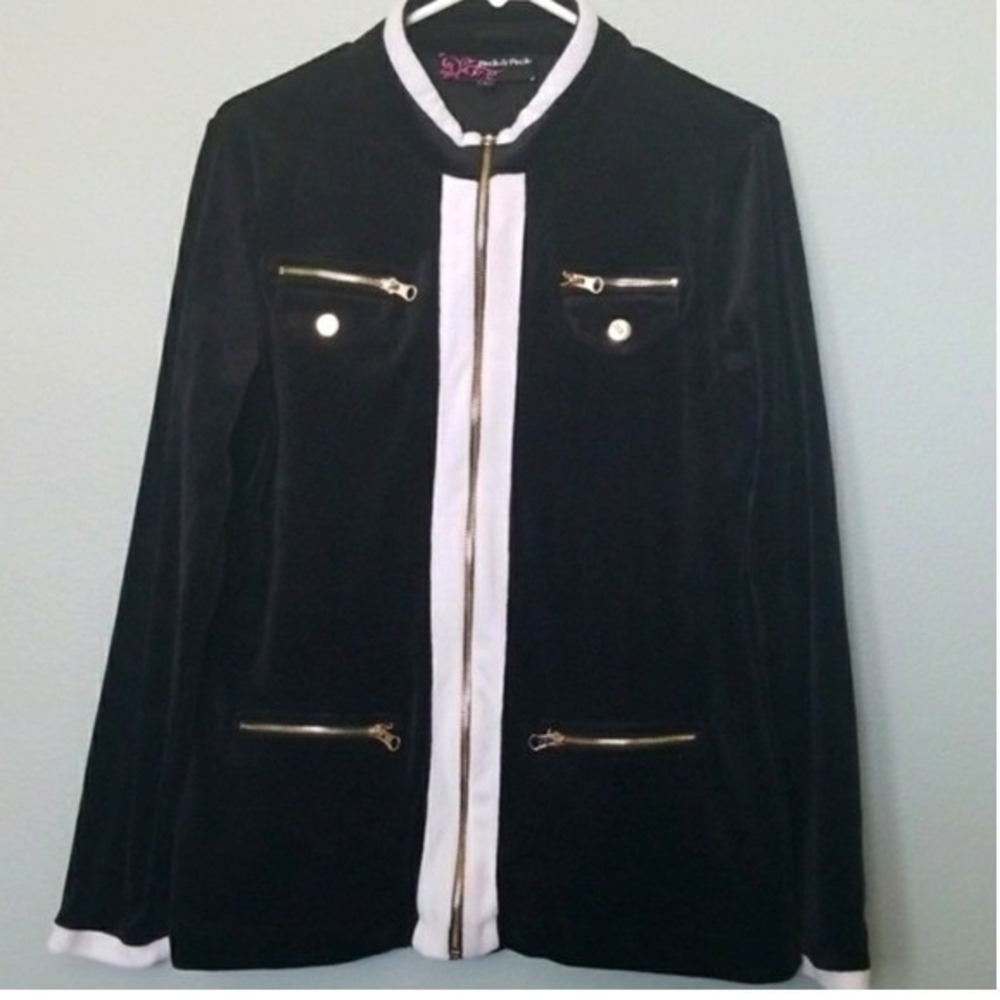 Peck & Peck Black White Classy Velour Large Full Zip Up High Neck Jacket
